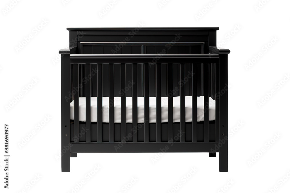 Midnight Dreams: A Black Crib Adorned With Pure White Sheets. on White or PNG Transparent Background. Midnight Dreams: A Black Crib Adorned With Pure White Sheets. on White or PNG Transparent Background.
