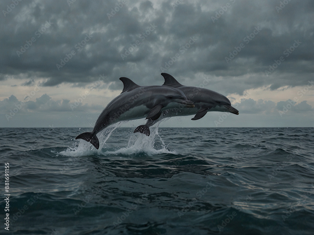 Fototapeta premium Dolphins Leaping Over Ocean Waves at Sunset