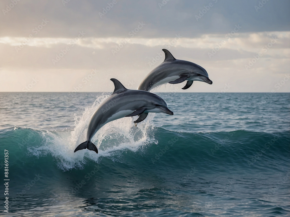 Fototapeta premium Dolphins Leaping Over Ocean Waves at Sunset