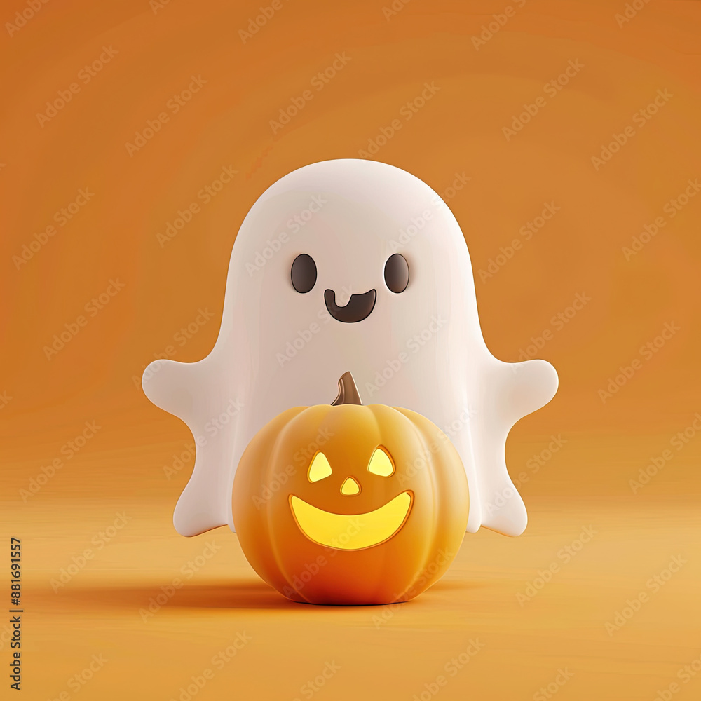 Illustration of 3d cute ghost with pumpkins on orange background with copy space Illustration of 3d cute ghost with pumpkins on orange background with copy space