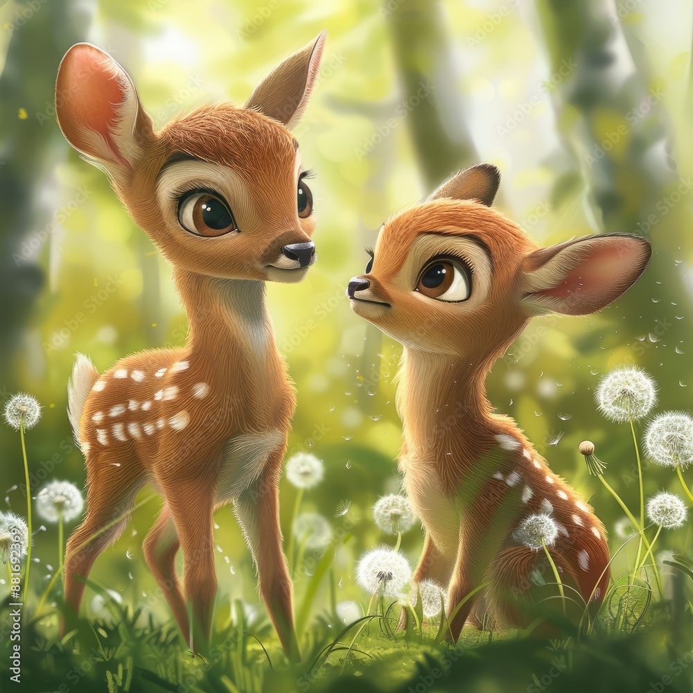 Two Adorable Fawn Friends in a Forest Clearing Two Adorable Fawn Friends in a Forest Clearing