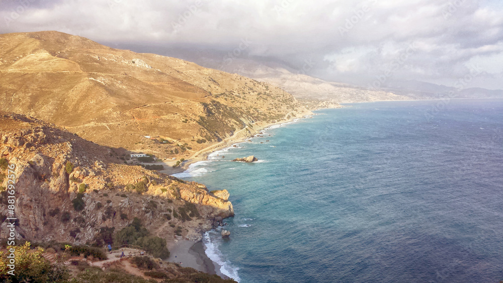 A breathtaking view of Palm Beach in the Mediterranean Sea near the town of Preveli on the island of Crete, Greece A breathtaking view of Palm Beach in the Mediterranean Sea near the town of Preveli on the island of Crete, Greece