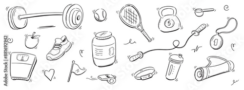 Sport gym sketch health icon set. Hand drawn sketch doodle healthy sport, gym fit exercise equipment icon.Doodle hand drawn tennis ball, bottle, dumbbell fit equipment. Vector illustration.