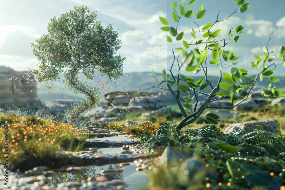 Fototapeta premium Magical Forest Scene with Twirling Tree and Floating Orbs.