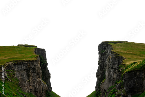 Steep cliffs on both sides with a gap in the middle. Isolated from the white background.
