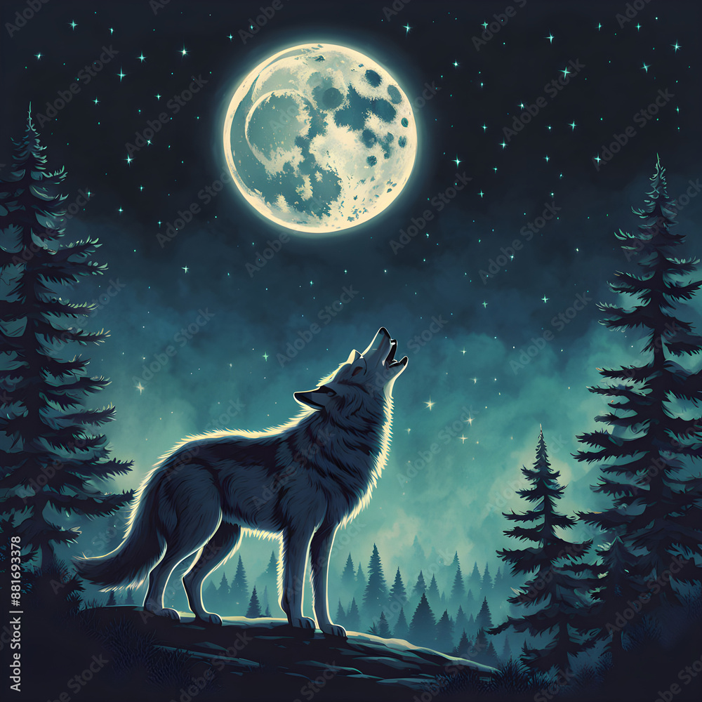 illustration of a wolf howling at the moon, standing on a hill surrounded by a lush forest ai generated illustration of a wolf howling at the moon, standing on a hill surrounded by a lush forest ai generated
