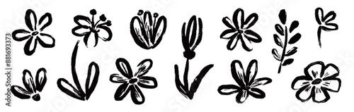 Flower abstract hand drawn brush ink stroke. Sketch hand drawn silhouette floral plant, nature graphic leaf, scribble grunge brush texture. Vector simple flower, leaf ink stroke. Vector illustration