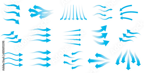 Collection of wind air flow Elements Flowing arrow air flow direction, gradient wind air flow elements, blue gradient flowing arrow, vector illustration