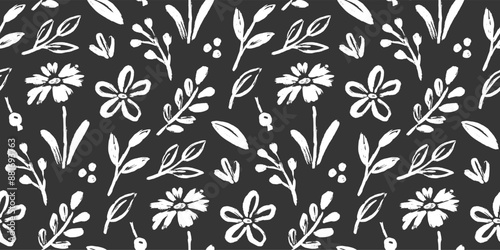 Flower brush seamless pattern. Floral abstract hand drawn brush paint background. Sketch hand drawn leaf floral paint seamless pattern. Chalkboard texture flower background. Vector illustration