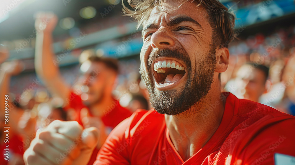 Fototapeta premium Vibrant celebration: spanish fans cheer and celebrate in stadium stands during soccer game, capturing passion and excitement of devoted supporters reveling in thrilling atmosphere.