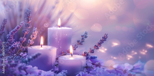Lavender candles casting a soft, soothing glow, creating a serene and relaxing ambiance.