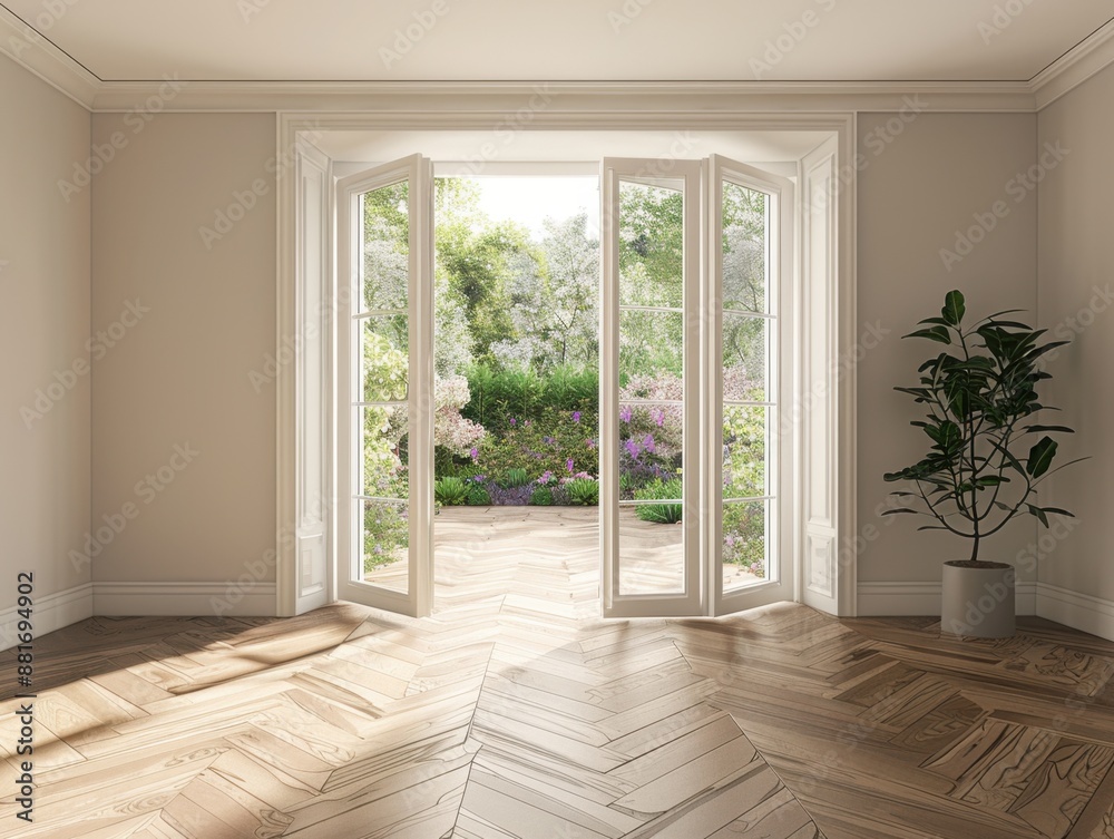 Obraz premium Empty room, wall, window, parquet style, interior concept, area for furniture sofa table carpet decoration.
