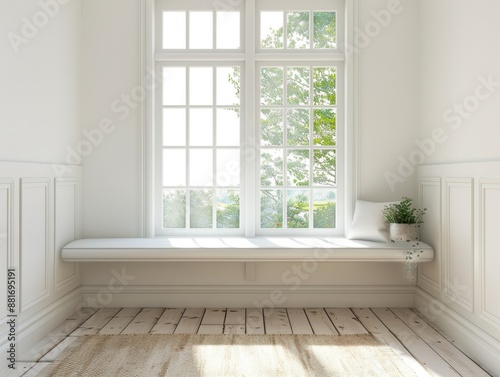 White empty room with green landscape in window. Scandinavian interior design.