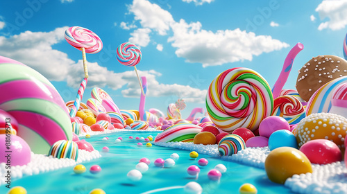 A playful 3D model of a candyland, featuring giant lollipops, candy canes, and gumdrops, creating a whimsical and colorful fantasy world