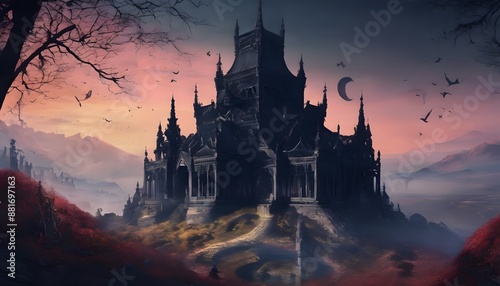 吸血鬼の館のような黒い城風建造物ファンタジーイラスト