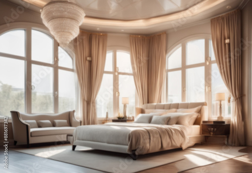 Blurry bedroom interior for background. Beautiful blurred background of a art deco interior design style bedroom with panoramic windows. Blurry bedroom  interior design  with unfocused effect © liubovi samoilova