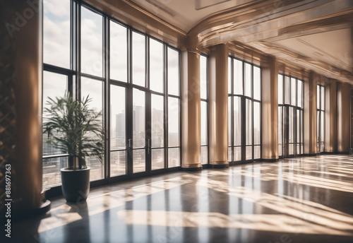 Beautiful blurred background of a light mod office with large panoramic windows. Blurry workspace with unfocused effect