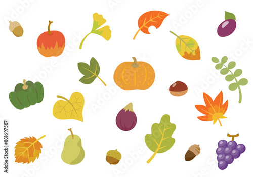 秋の果物と野菜と紅葉して色づいた葉のベクターイラストレーションのセット