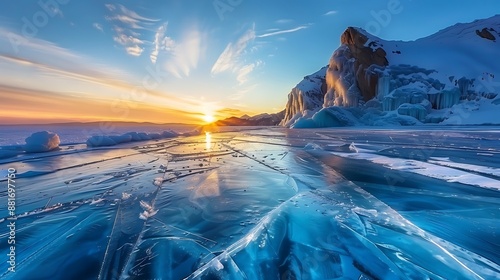 Frozen Lake Landscape at Sunset