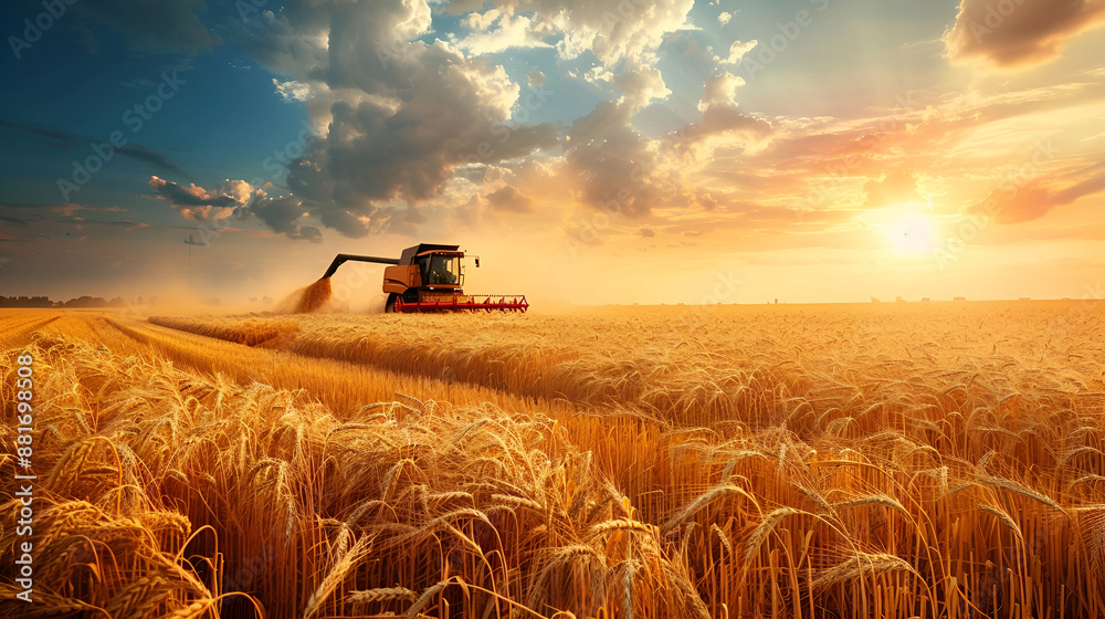 Fototapeta premium Harvester Operating in a Golden Wheat Field Under a Bright Blue Sky