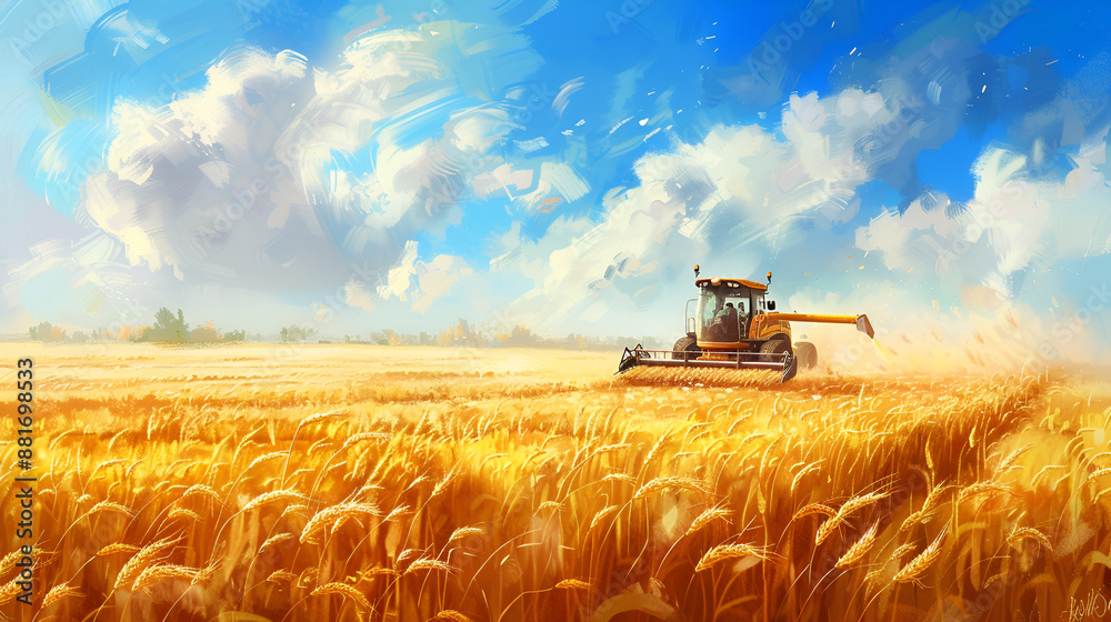 Fototapeta premium Harvester Operating in a Golden Wheat Field Under a Bright Blue Sky