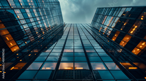 Wallpaper Mural Upward view of a modern glass skyscraper with reflective windows under a dramatic, cloudy sky, showcasing urban architecture.
 Torontodigital.ca