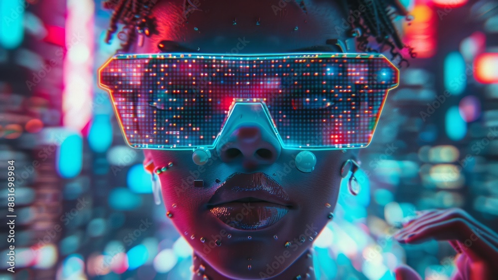 Futuristic nightlife. Young woman wearing futuristic glasses with AR display in the virtual city Futuristic nightlife. Young woman wearing futuristic glasses with AR display in the virtual city
