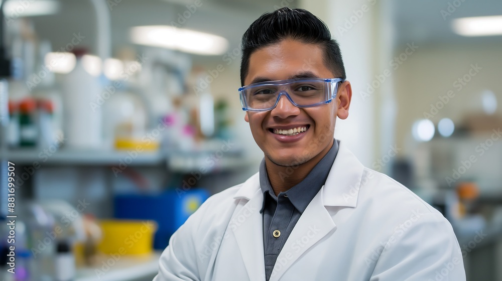 Laboratory Portrait of Scientist in Safety Glasses and Lab Coat, Reflecting Passion for Science and Research Laboratory Portrait of Scientist in Safety Glasses and Lab Coat, Reflecting Passion for Science and Research