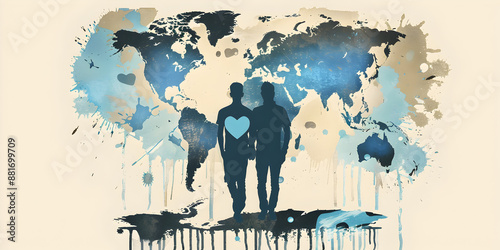 Wallpaper Mural Abstract World Map with Couple and Heart  Artistic Representation of Global Love, Unity, and Connection Through Watercolor Design Torontodigital.ca