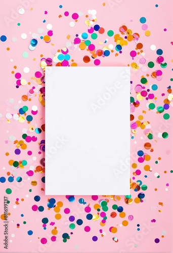 White greeting card over scattered colorful sequins and confetti on isolated light pink background with blank space. Flat lay, top view with copy space. Mockup template.