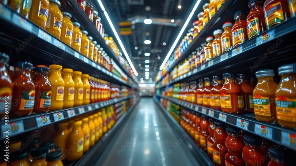 Fototapeta premium Aisle of Colorful Juice Bottles in a Supermarket - Generative AI
