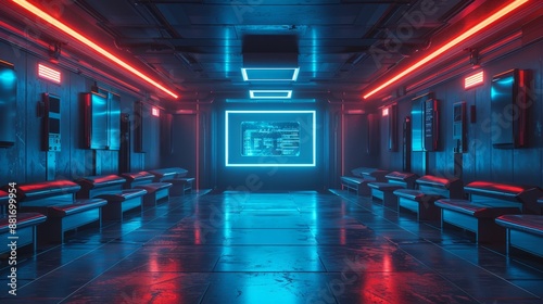 Futuristic Neon Corridor with Benches - Generative AI