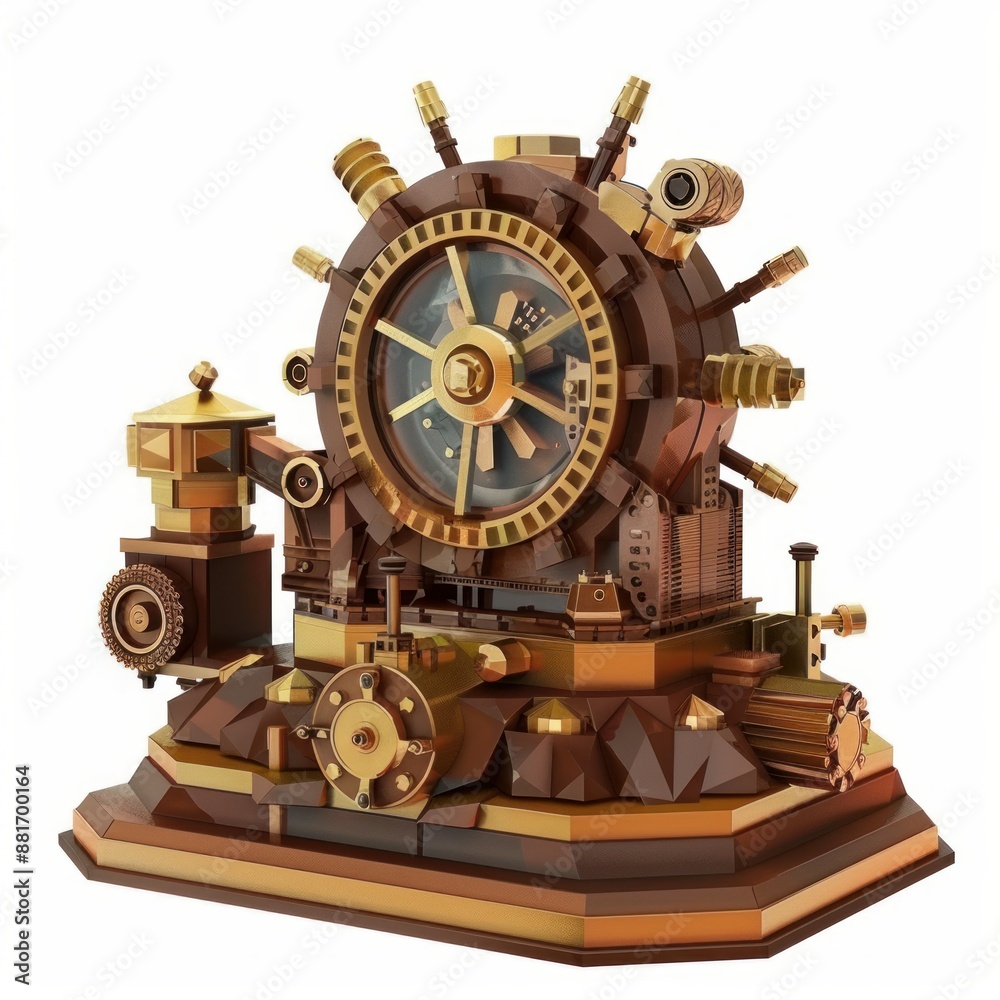 3D Render, Low Poly style of a steampunk time machine, on isolated white background, Generative AI 3D Render, Low Poly style of a steampunk time machine, on isolated white background, Generative AI