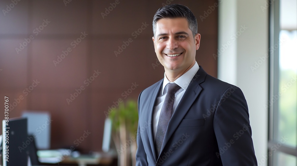 Successful Business Executive Smiling in Formal Attire, Workplace Leadership Concept Successful Business Executive Smiling in Formal Attire, Workplace Leadership Concept