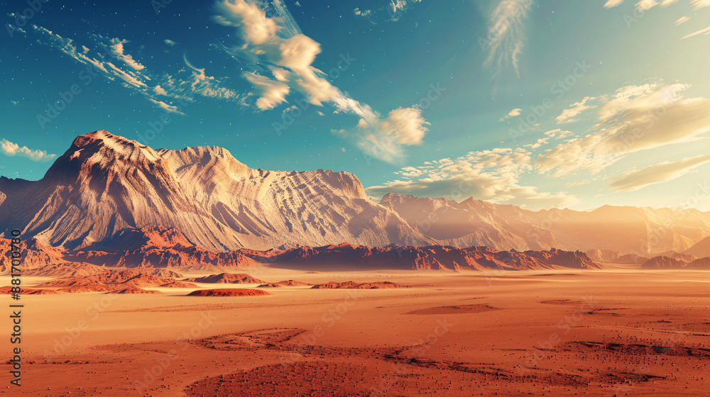 Fototapeta premium Scenic desert landscape on planet Mars, illustrating the red planet's barren and rocky terrain. Suitable for scientific and space-themed usage.
