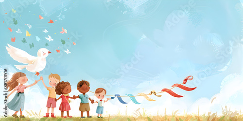 Wallpaper Mural Children Playing with Dove and Ribbons   Whimsical Illustration Representing Peace, Unity, and Joyful Childhood in a Beautiful Garden Torontodigital.ca