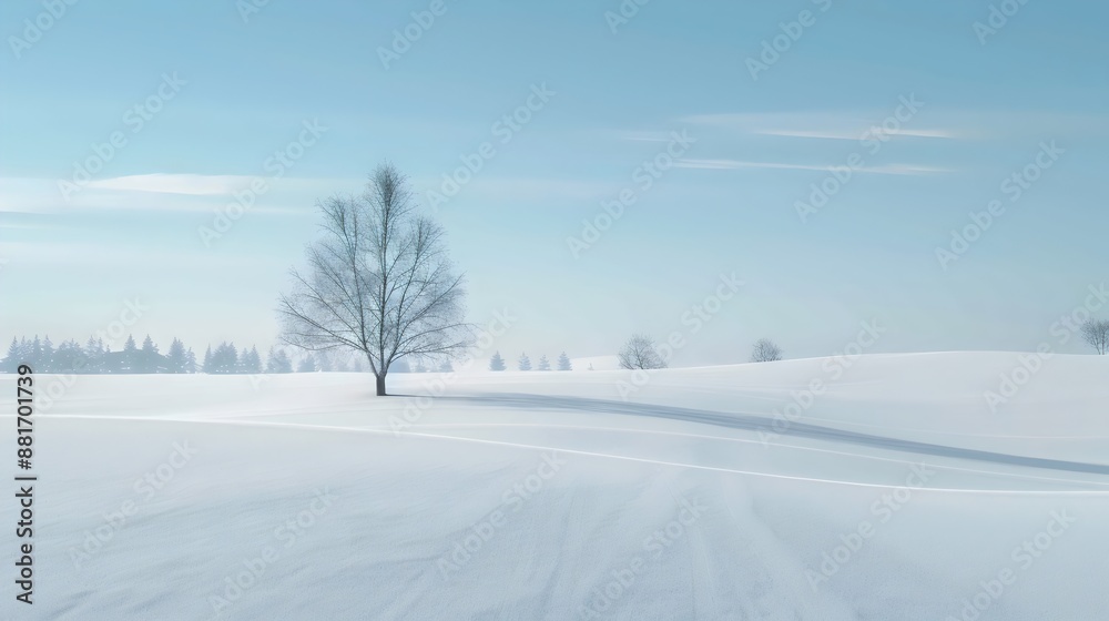 A lone bare tree stands in a vast, pristine snowy field under a clear blue sky. Snow-covered hills and distant trees create a serene, winter landscape. Shadows stretch on the snow. A lone bare tree stands in a vast, pristine snowy field under a clear blue sky. Snow-covered hills and distant trees create a serene, winter landscape. Shadows stretch on the snow.