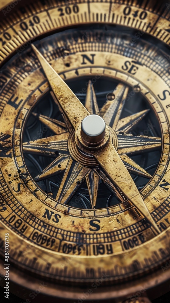Obraz premium Close-up of a vintage brass compass with intricate engravings and a detailed compass rose, pointing north. The weathered look adds to its antique charm.