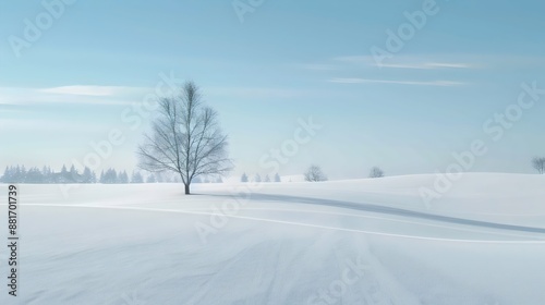 A lone bare tree stands in a vast, pristine snowy field under a clear blue sky. Snow-covered hills and distant trees create a serene, winter landscape. Shadows stretch on the snow.