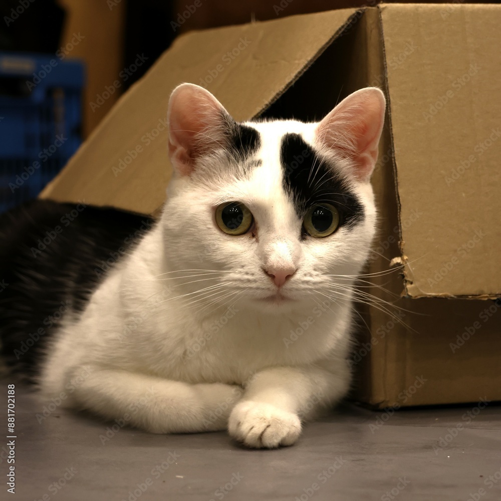 European black and white cat lying on the floor. The cat is looking slightly to the right with its green and yellow eyes. European black and white cat lying on the floor. The cat is looking slightly to the right with its green and yellow eyes.