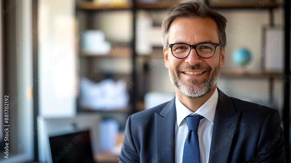 Successful Businessman Smiling at Desk with Computer, Corporate Leadership