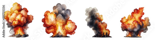 Set of various realistic watercolour fire explosions isolated on transparent background. Generative AI