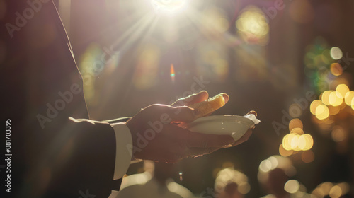 Hands of Reverend or Priest Giving Communion Bread photo