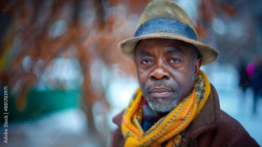 Fototapeta premium Senior man with a contemplative expression in a vibrant city.