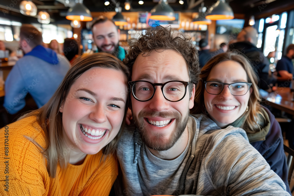 Friends Smiling Together at a Cozy Indoor Gathering in a Busy Cafe Friends Smiling Together at a Cozy Indoor Gathering in a Busy Cafe