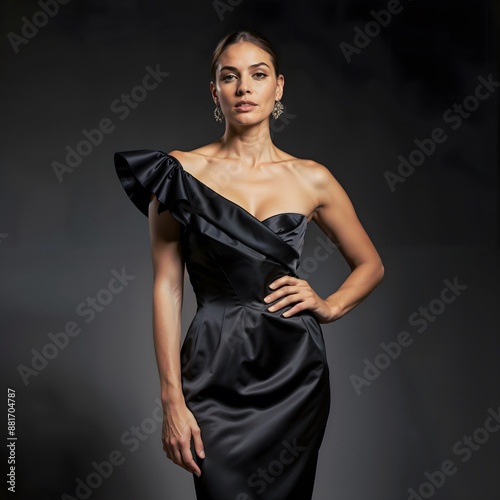 Indoor portrait of female model in elegant black sparkling one shoulder asymmetric dress