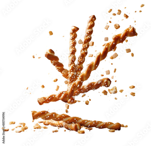 Falling twisted pretzel sticks, isolated on Transparent background. 
