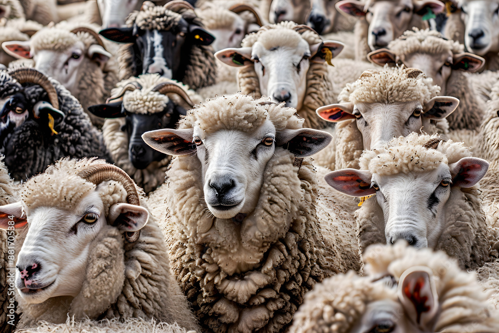 Obraz premium Sheep heads filling frame flock close together in yards to be shorn
