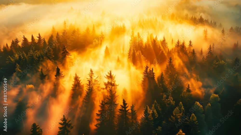 Aerial view of a forest at sunrise with sun rays breaking through the trees Aerial view of a forest at sunrise with sun rays breaking through the trees