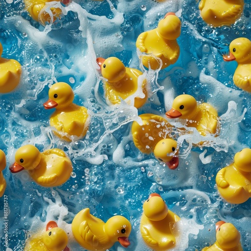 photo realistic rubber duckies laid out beautifully for top down photo watery background photo